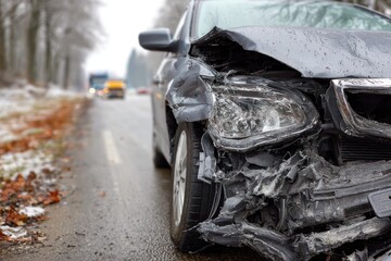 Car Accident Aftermath: Heavy Front-End Damage to Automobile