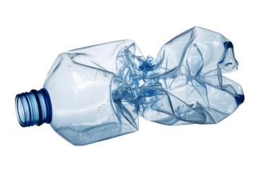 Crushed clear plastic water bottle with blue cap isolated on transparent background