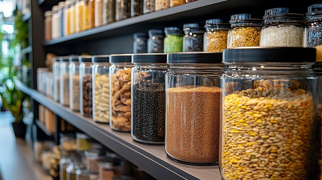 Grains and spices in jars on market shelves high resolution image