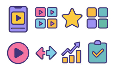 Modern Streaming Interface. Streaming Discovery flat icons set. mobile app, show thumbnails, genre grid, recommendation star, play button, swipe arrows, trending chart, watchlist