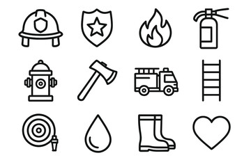 Obraz premium Heroic Firefighter Icons. Heroic Service linear icon set: helmet, badge, flame, extinguisher, hydrant, axe, truck, ladder, hose, water droplet, boots, heart