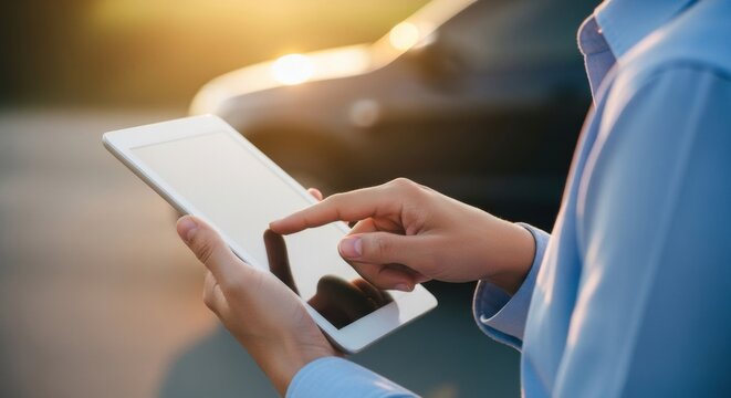 A person in a light blue shirt holds a modern digital tablet with a reflective screen, their finger touching the device while standing outdoors in the warm glow of a golden hour sunset