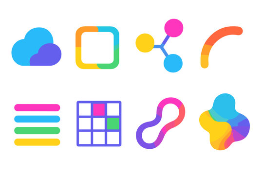 Modern Interaction Icons. Creative Interaction Flow flat icon set: concept cloud, evolving frame, branching ideas, dynamic arc, layered lines, design grid, motion thread, adaptive