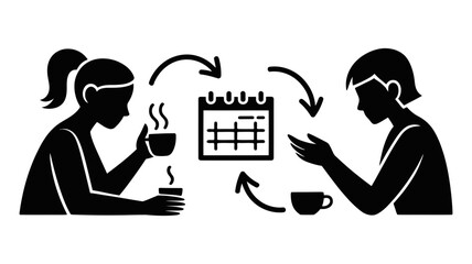 Business planning, communication, and scheduling icon featuring two silhouetted people interacting around a calendar for efficient time management.