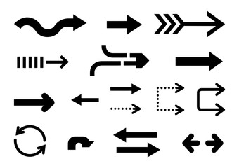 Extensive set of black arrow icons, showcasing diverse styles for navigation, direction, interface design, process flow, and web elements.