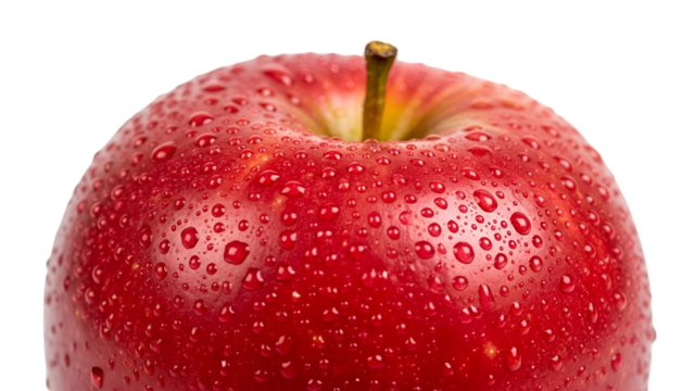 Close-up of a glossy red apple with water droplets, isolated on black