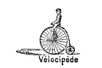 Penny-farthing bicycle with large front wheel, 1880s vintage cycling, antique steel frame, early velocipede, old vintage illustration, 1897. © Timofeeff