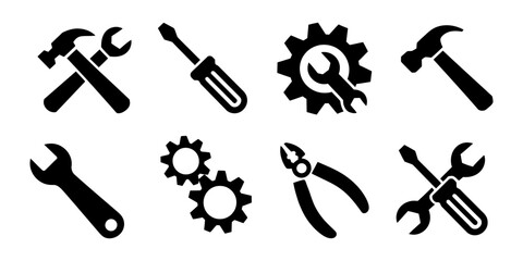 Construction and repair tools icon set featuring hammer, wrench, screwdriver, pliers, and gears for maintenance and settings related design.