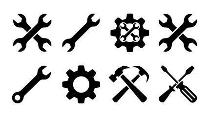 Versatile set of black silhouette tool icons including wrenches, gear, hammer, and screwdriver, symbolizing repair, maintenance, and industrial service.