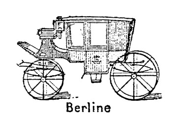 Berline carriage, 18th century luxury enclosed coach, vintage european aristocrat transport, 1760s royal travel vehicle, old vintage illustration, 1897.