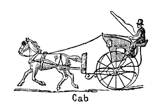Hansom cab with driver and single horse, 1850s, Victorian-era taxi, old vintage illustration, 1897.