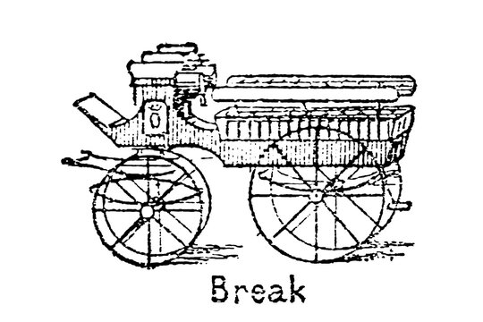 19th century break carriage, four-wheeled shooting brake design with, vintage hunting vehicle, 1870s english country estate transport, old vintage illustration, 1897.