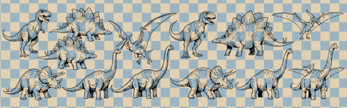 Seamless pattern featuring various dinosaurs like tyrannosaurus triceratops and stegosaurus on checkered background
