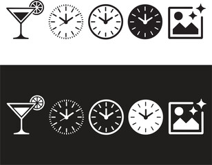 Martini glass two clocks and picture frame with sparkling stars on white background cocktail glass