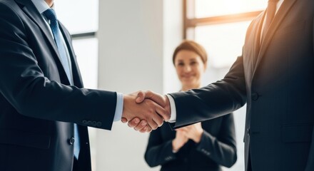 A firm handshake between two male executives in formal suits signifies a successful agreement, with a smiling businesswoman witnessing the partnership in a bright office
