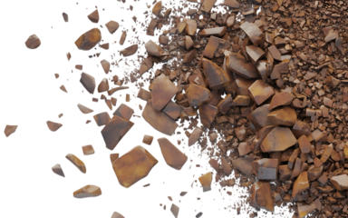 Abstract scattering of earthy brown and pink stone fragments against a stark black void isolated on transparent background