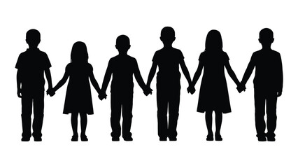 Children holding hands silhouette isolated on white background, Vector