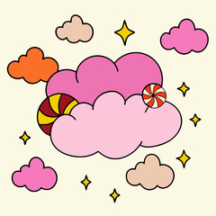 Whimsical clouds and swirl lollipops with sparkling stars on a cream background