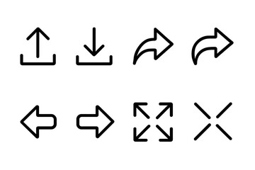 Outlined Arrow Icons. Arrow Actions linear icon set: upload arrow, download arrow, share arrow, reply arrow, forward arrow, back arrow, expand arrow, collapse arrow