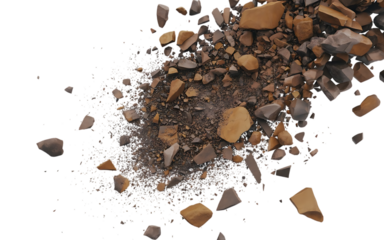 A dynamic explosion of small brown and grey rock fragments and dust particles frozen in mid air isolated on transparent background