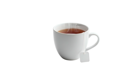 Steaming white mug of tea with a teabag tag on a black background