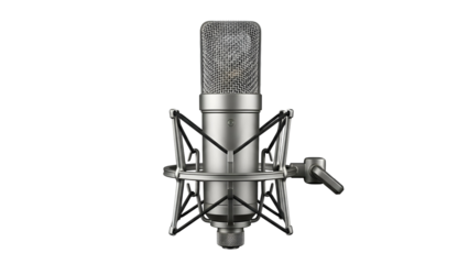 Metallic studio microphone with a mesh head, isolated against a black background