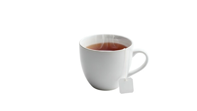 Steaming white mug of tea with a teabag tag on a black background