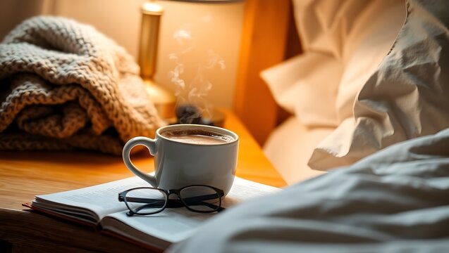 Generative AI cozy morning coffee and book ambiance.