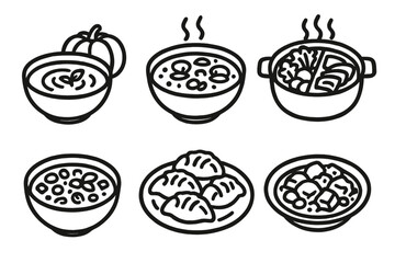 Seasonal Food Icons. Seasonal Favorites linear icon set: pumpkin soup, clam chowder, hot pot, minestrone, dumplings, stew plate