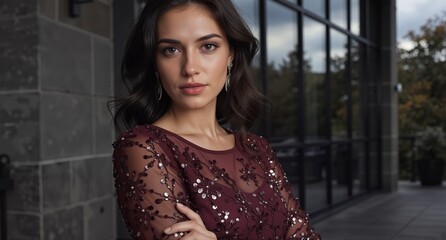 elegant woman in maroon sequin dress posing outdoors with a confident expression.