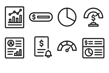 Financial Planning Icons. Budgeting Tools linear icon set: expense tracker chart, income input field, category pie graph, savings goal meter, monthly report card, bill reminder