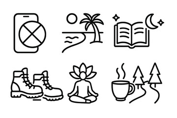 Obraz premium Digital Detox Symbols. Digital Detox linear icon set: crossed-out phone, beach, hiking boots, book pages, starry night, cup, mindfulness icon, path through trees