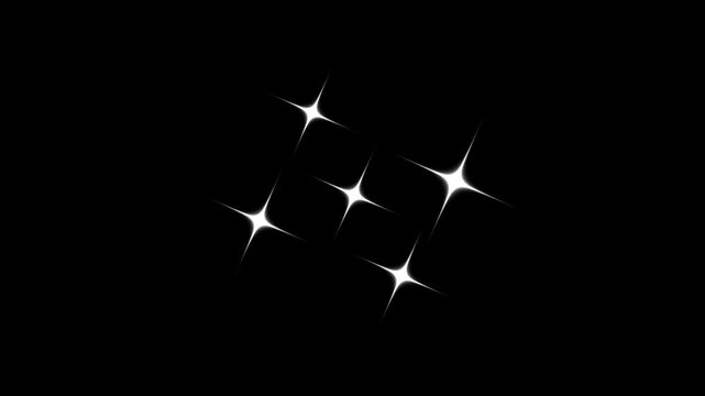 Twinkle star sparkle animation with white glowing vector doodles, blinking cartoon star, sparkling magic tail particles, glitter light explosion effect and seamless black screen starry overlay loop 4k