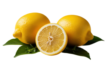 Two whole bright yellow lemons and one half slice resting on dark green leaves, isolated on transparent background