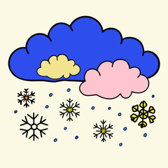 Whimsical illustration of colorful clouds raining snowflakes and tiny blue dots