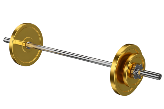 A gleaming golden barbell with weight plates symbolizing strength and fitness isolated on transparent background