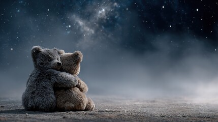 Two small fuzzy teddy bears embrace affectionately while sitting under dark starry night sky with faint nebulous clouds