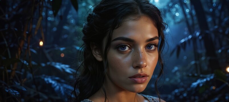 ethereal woman with freckles and striking eyes in a magical forest with glowing lights.