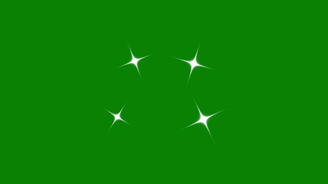 Twinkle star sparkle animation with white glowing vector doodles, blinking cartoon star, sparkling magic tail particles, glitter light explosion effect and seamless greenscreen starry overlay loop 4k