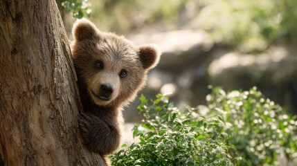 Obraz premium curious brown bear cub peeking out from behind large tree trunk in sunlit lush green woodland setting