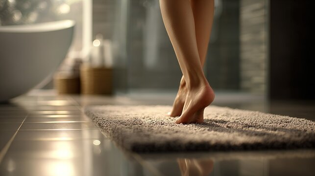 Bare feet stepping onto  soft beige bath mat on dark reflective tile floor with  partial view of  modern bathtub