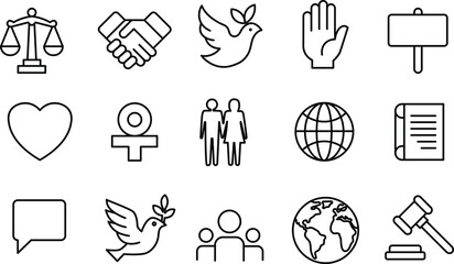 Social justice peace human rights equality love and global unity line art sign