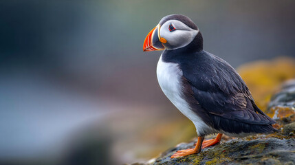 Fototapeta premium American puffin perched on coastal rock in Iceland’s rugged landscape