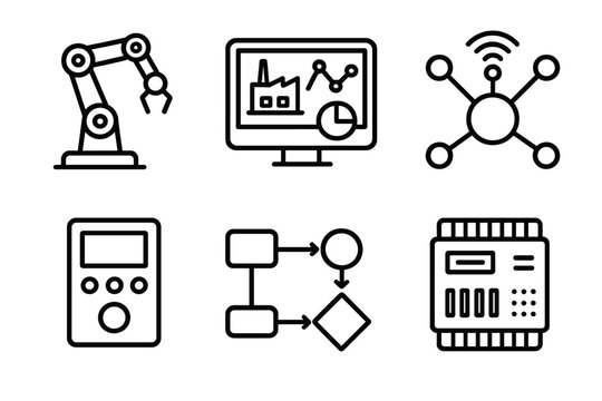 Industrial Automation Icons. Industrial Smart Systems linear icon set. robotic arm, factory dashboard, sensor network, machine control unit, automation flow, PLC module.