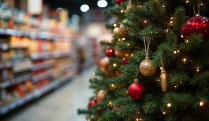 Festive Christmas tree on grocery store aisle