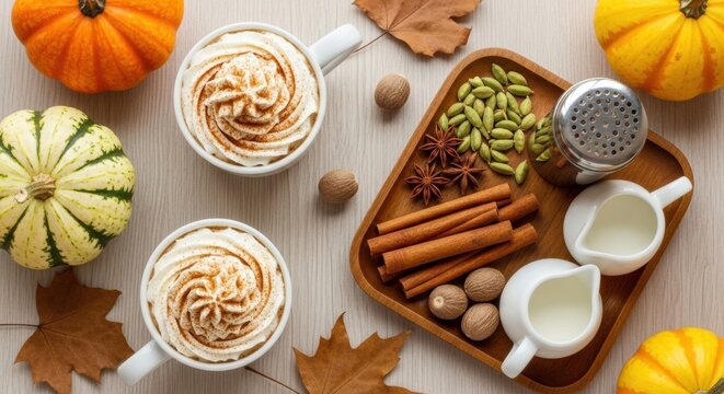 A cozy autumn flat lay of two pumpkin spice lattes with whipped cream, surrounded by decorative gourds, dry leaves, and a tray of aromatic spices like cinnamon and star anise - Powered by Adobe