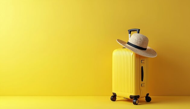Yellow suitcase and straw hat ready for holiday trip. Bright yellow background offers empty copy space for your vacation or travel advertisement, marketing text or promo.