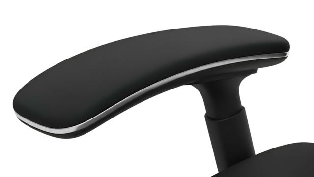 Close-up of a dark gray ergonomic chair armrest, highlighting its curved design