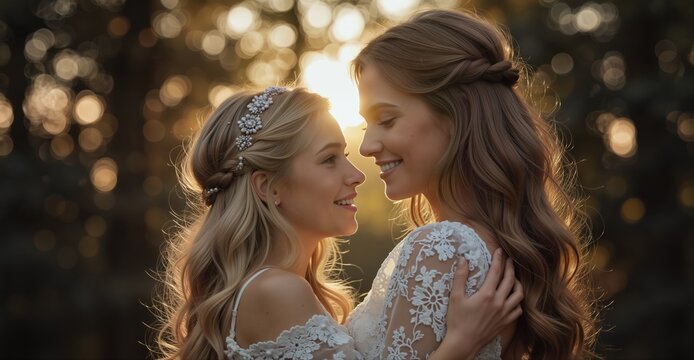 intimate portrait of two smiling brides embracing during golden hour wedding photoshoot - Powered by Adobe