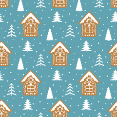 Gingerbread cookies and Christmas tree seamless pattern, ideal for holiday cards, wrapping paper.